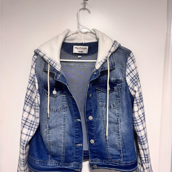 Wallflower Blue Jean Jacket with Plaid Sleeves - Picture 1 of 6